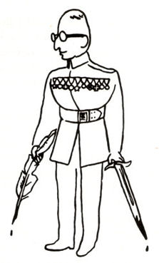 Caricature de Adolf Hoffmeister, représentant František Langer en officier, Jähn, Karl-Heinz, Das prager Kaffehaus, Berlin, Volk und Welt, 1990