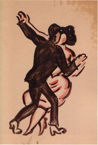 Dessin de V. H. Brunner représentant des danseurs (1913), Bendová Eva, Pražské Kavárny a jejich svět, Prague, Paseka, 2008